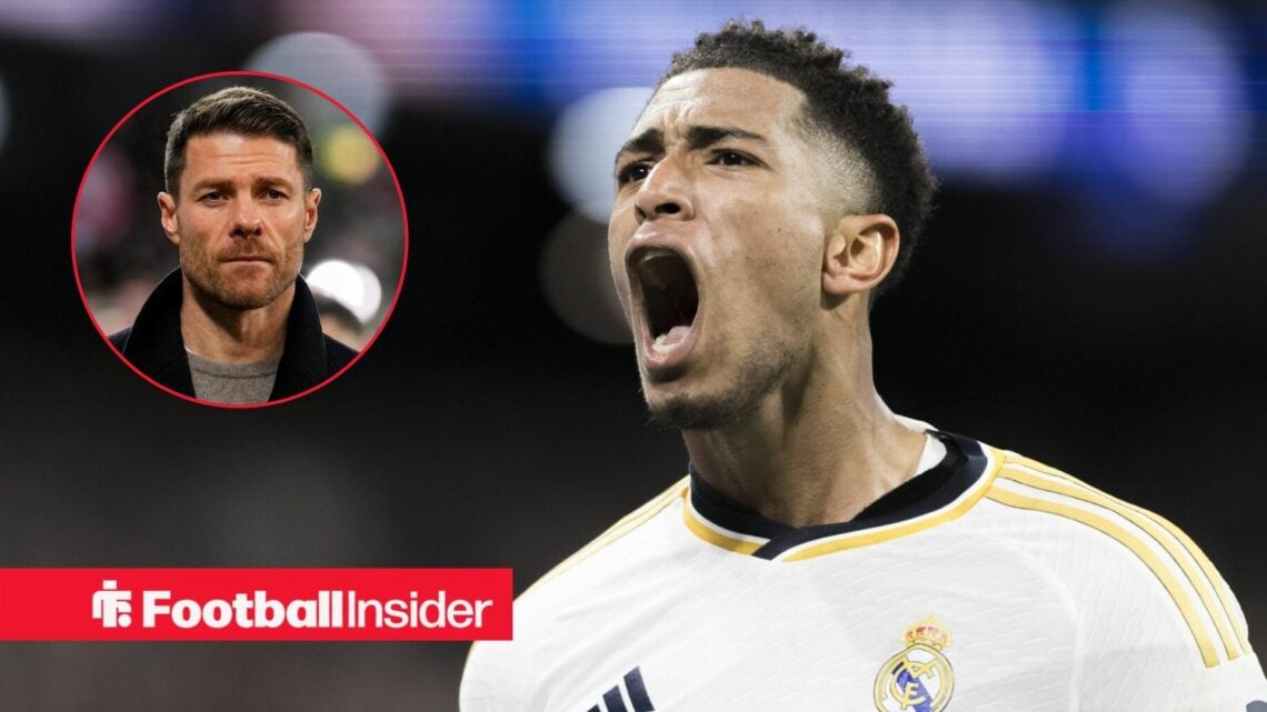 Jude Bellingham celebrating a goal for Real Madrid, with Xabi Alonso in a circular inset