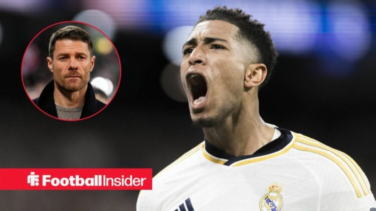 Jude Bellingham celebrating a goal for Real Madrid, with Xabi Alonso in a circular inset
