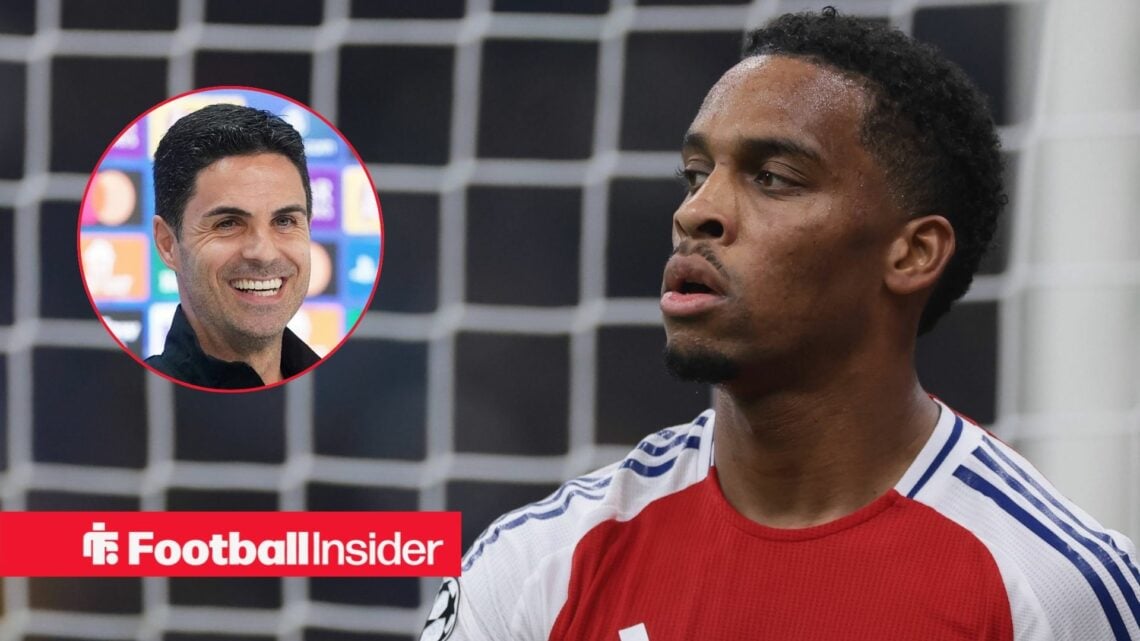 Arsenal's Jurrien Timber in action looking at manager Mikel Arteta smiling left inset