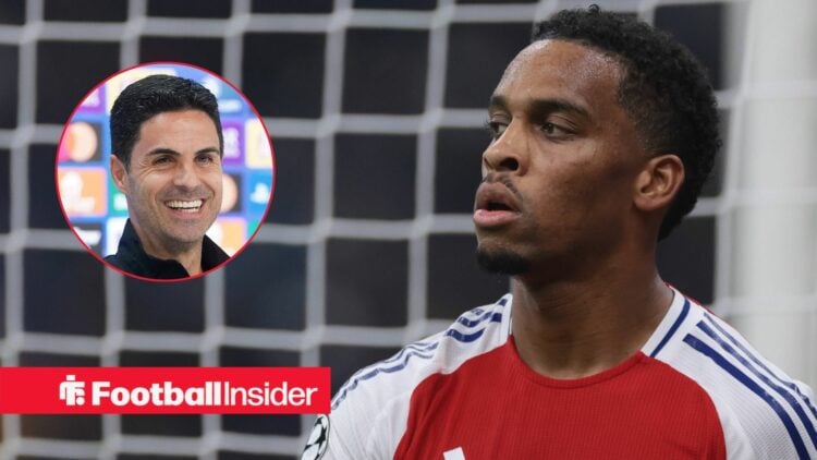 Arsenal's Jurrien Timber in action looking at manager Mikel Arteta smiling left inset