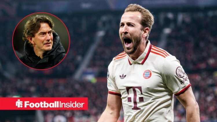 Harry Kane next to Thomas Frank in a circular inset