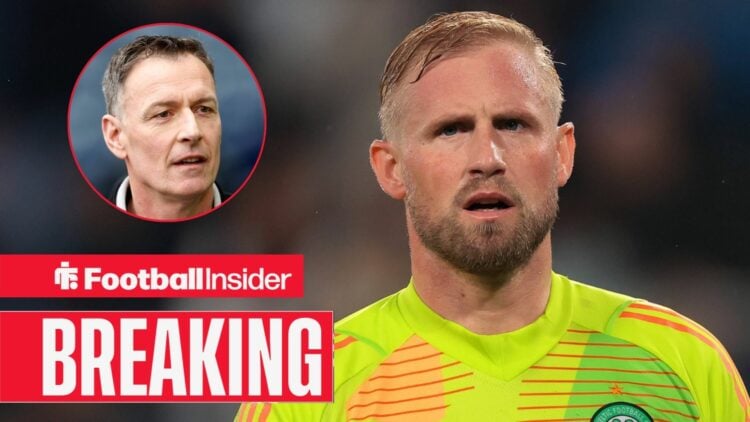 Celtic goalkeeper Kasper Schmeichel in action with pundit Chris Sutton looking at him left inset