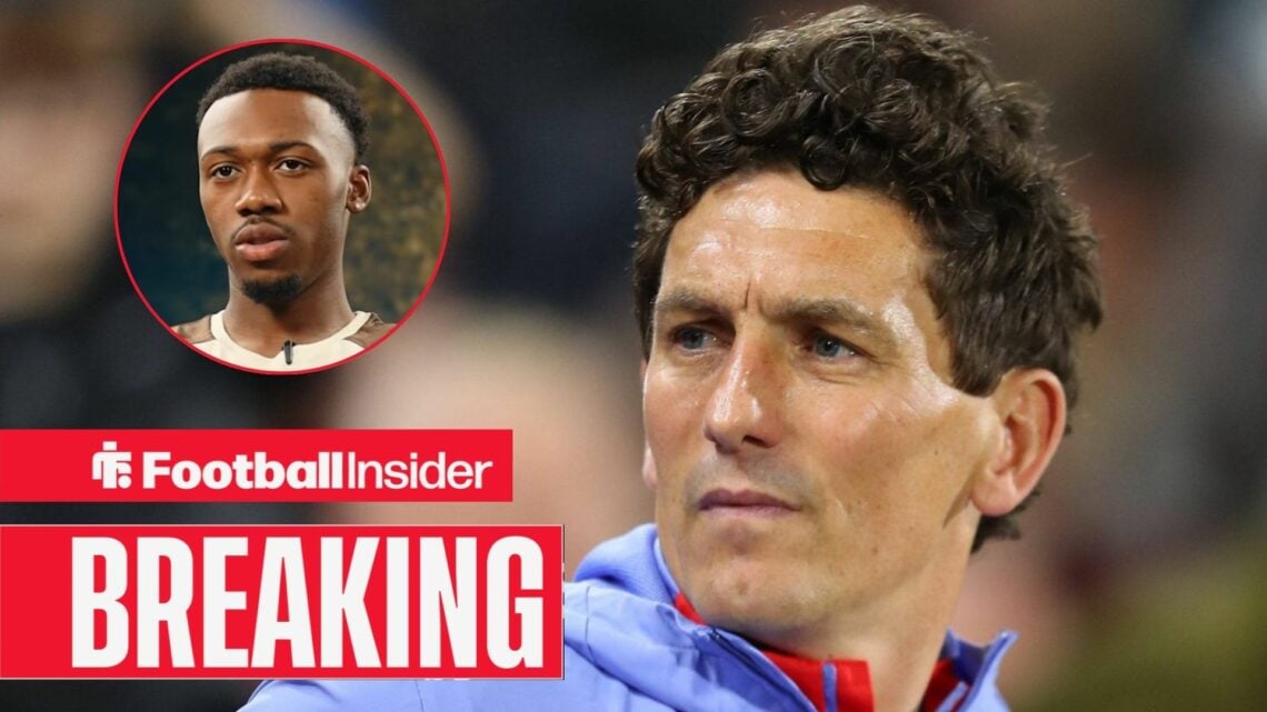Brentford manager Keith Andrews looking at player Antoni Milambo being interviewed
