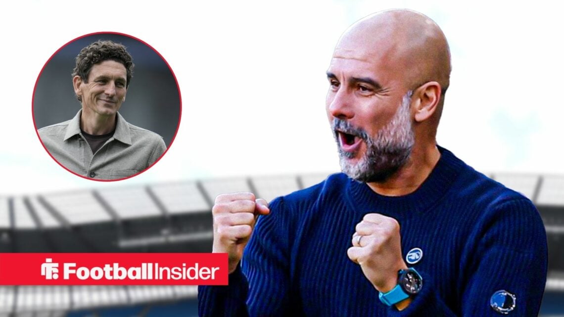 Brentford boss Keith Andrews in a circular frame alongside an image of Man City boss Pep Guardiola celebrating