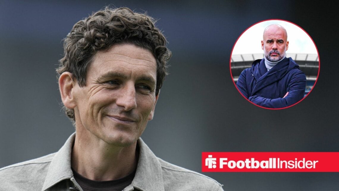 Brentford boss Keith Andrews alongside an image of Pep Guardiola in a circular frame