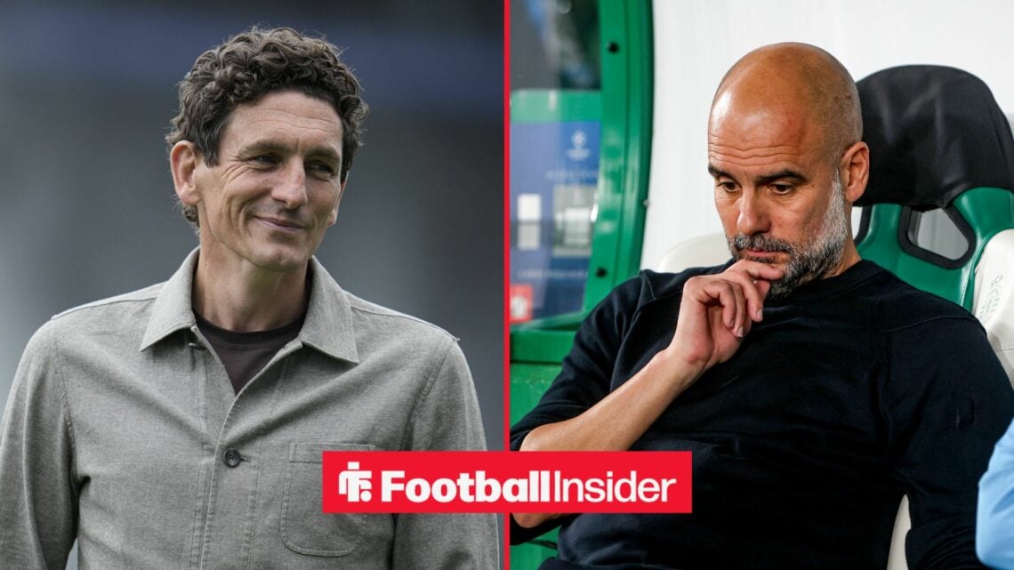 Keith Andrews smiling next to Pep Guardiola thinking