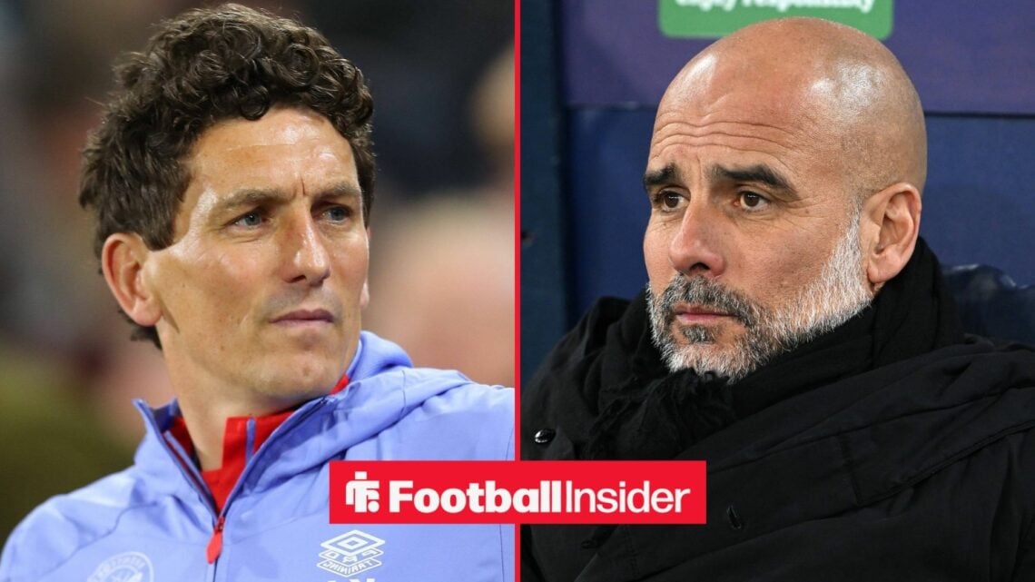 Keith Andrews looking focused on the left with Pep Guardiola sad on the right