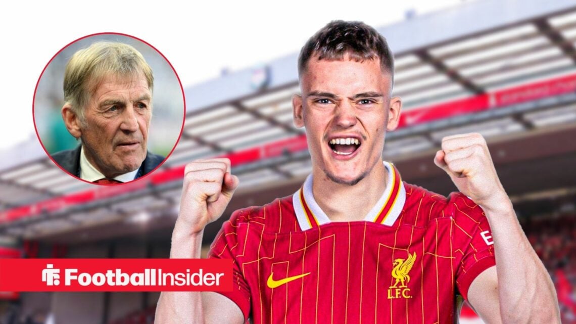 A headshot of Liverpool legend Sir Kenny Dalglish in a circular frame next to an image of Florian Wirtz in a Liverpool home shirt