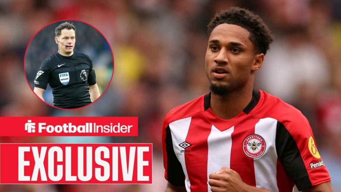 Kevin Schade playing for Brentford, Darren England in a circular inset