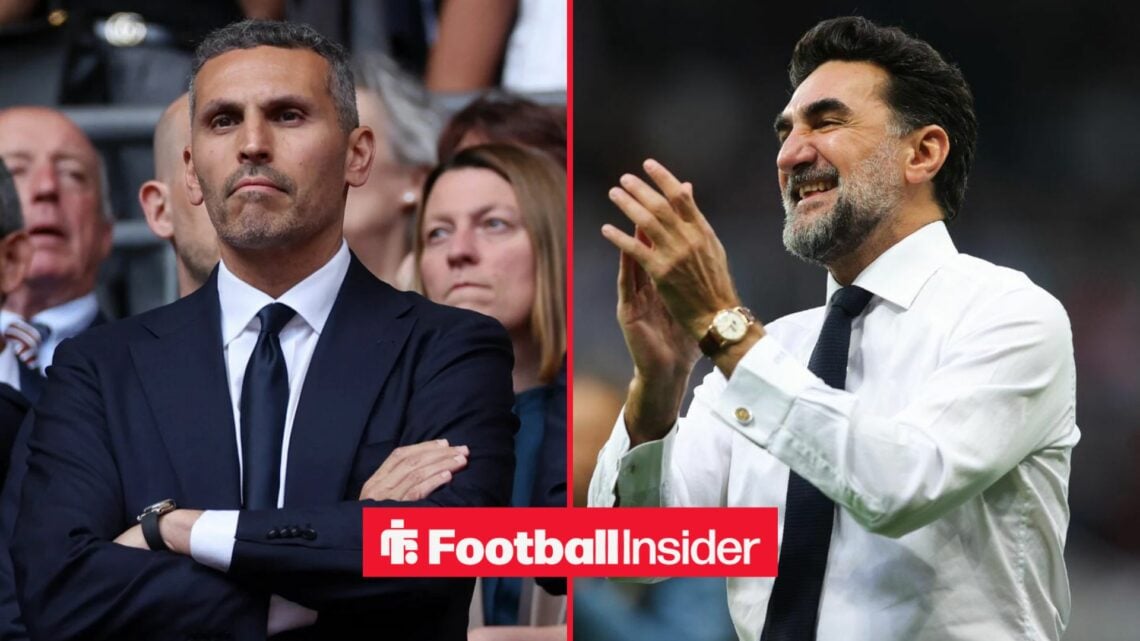 Khaldoon Al Mubarak with his arms folded alongside Yasir Al-Rumayyan clapping