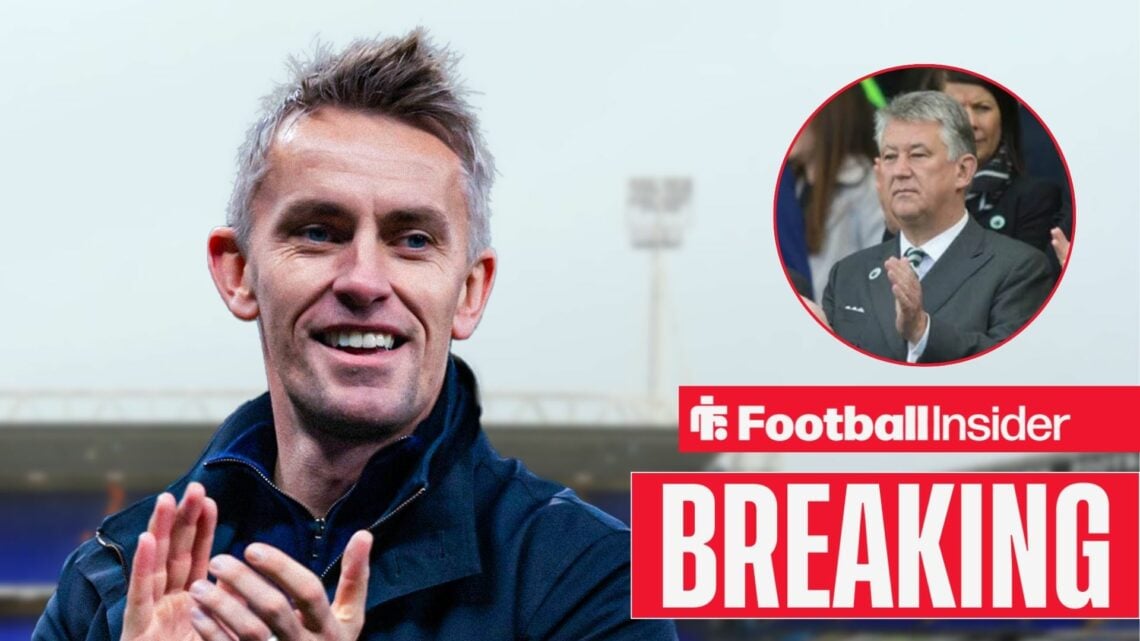 Kieran McKenna applauding at Portman Road, with Peter Lawwell in a circular inset