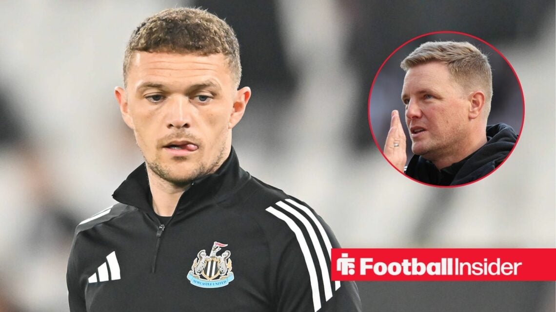 Kieran Trippier with his tongue sticking out and Eddie Howe clapping on the right