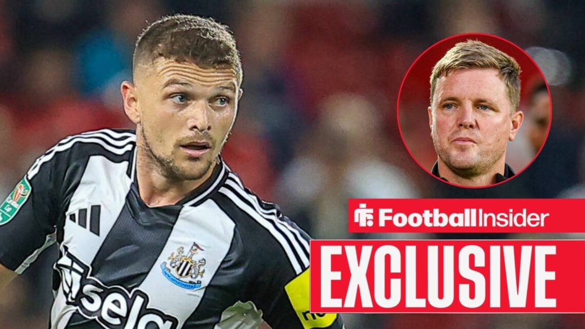 Kieran Trippier looking focused on the left for Newcastle with Eddie Howe looking serious on the right