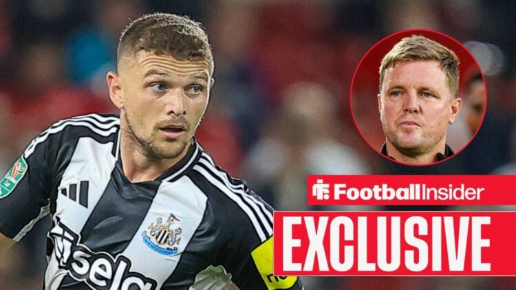 Kieran Trippier looking focused on the left for Newcastle with Eddie Howe looking serious on the right