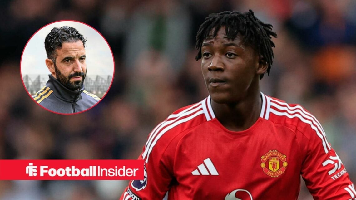 Kobbie Mainoo in action for Man United, with Ruben Amorim in a circular inset