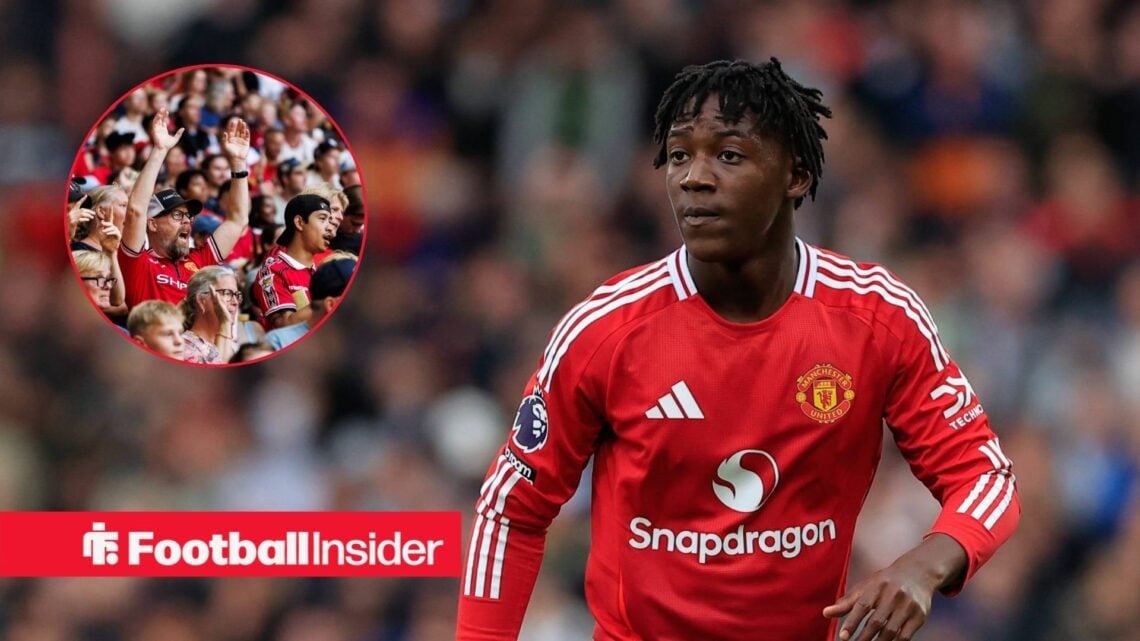 Kobbie Mainoo running and Manchester United fans in inset