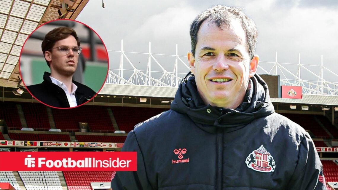 Sunderland manager Regis Le Bris smiling and owner Kyril Louis-Dreyfus looking at him in the stands
