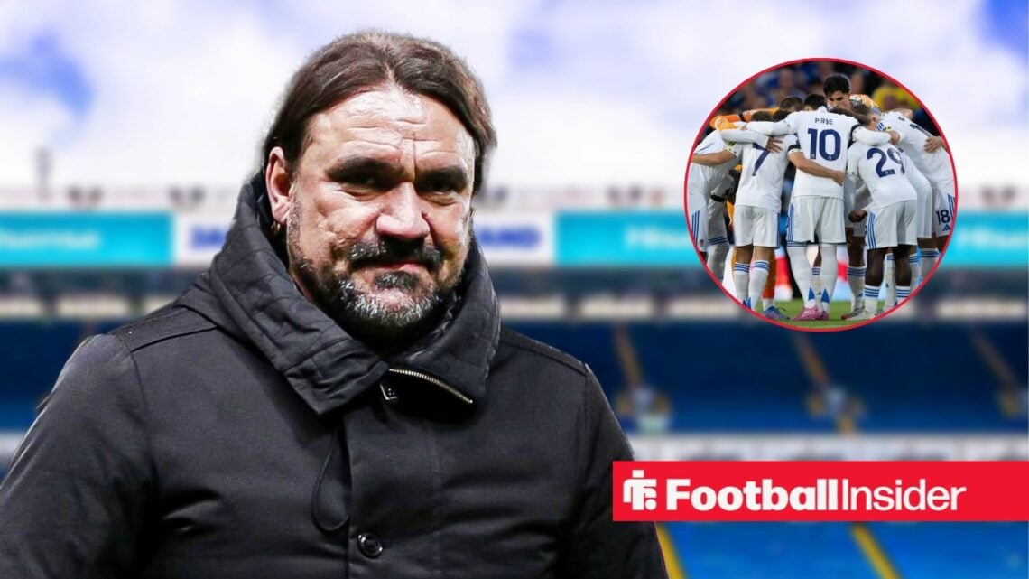 Daniel Farke looking frustrated at Elland Road, with the Leeds team in a circular inset