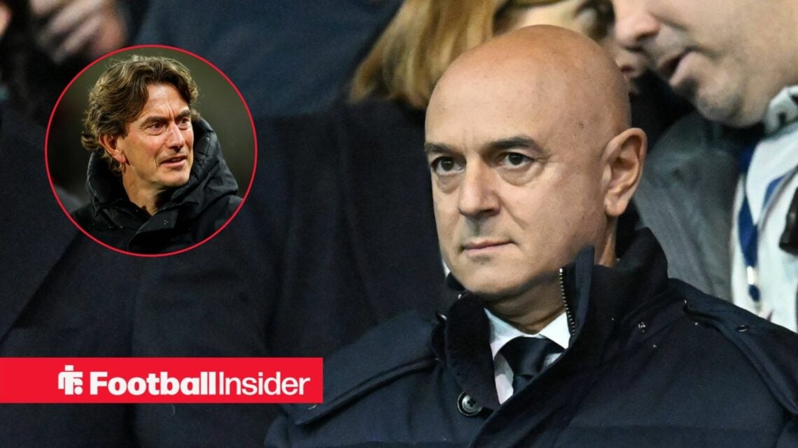 Daniel Levy looking at Thomas Frank in a circular inset