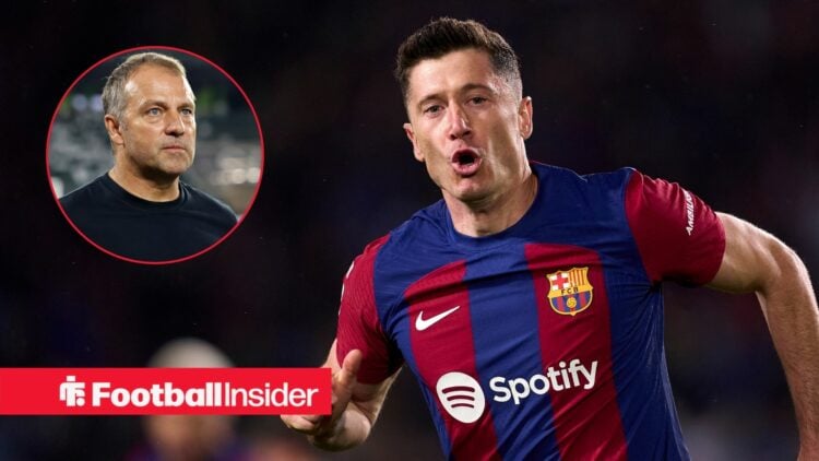 Robert Lewandowski next to a circular inset of Hansi Flick