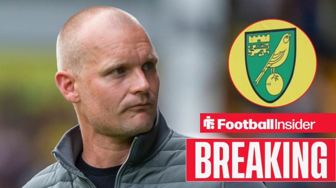 Liam Manning on the Norwich City touchline, with the Norwich badge in a circular inset