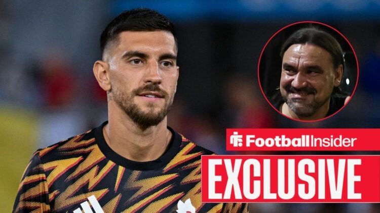 Lorenzo Pellegrini looking focused on the left with Daniel Farke smiling on the right
