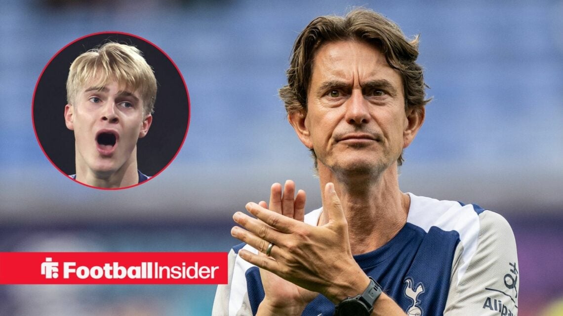 Lucas Bergvall howling on the left with Thomas Frank clapping in disgust on the right for Tottenham