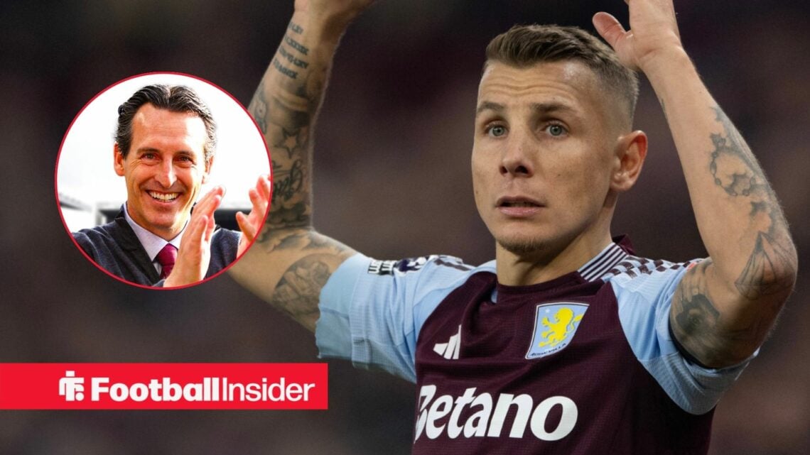 Aston Villa's Lucas Digne taking throw in with Unai Emery