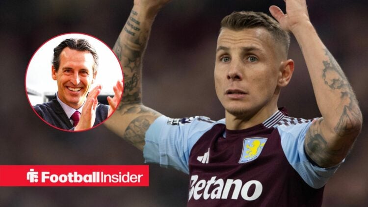 Aston Villa's Lucas Digne taking throw in with Unai Emery