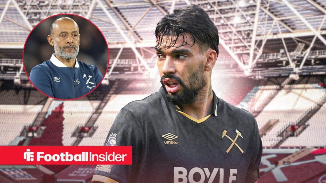 Lucas Paqueta in West Ham's third shirt with Nuno Espirito Santo included in a circular inset