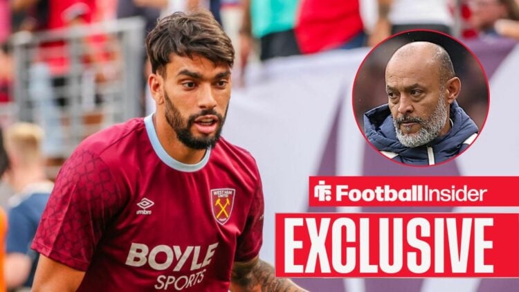 Lucas Paqueta looking focused on the left for West Ham with an angry Nuno Espirito Santo on the right