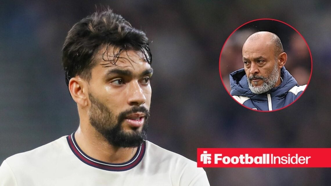 Lucas Paqueta looking focused on the left for West Ham United with Nuno Espirito Santo looking serious on the right