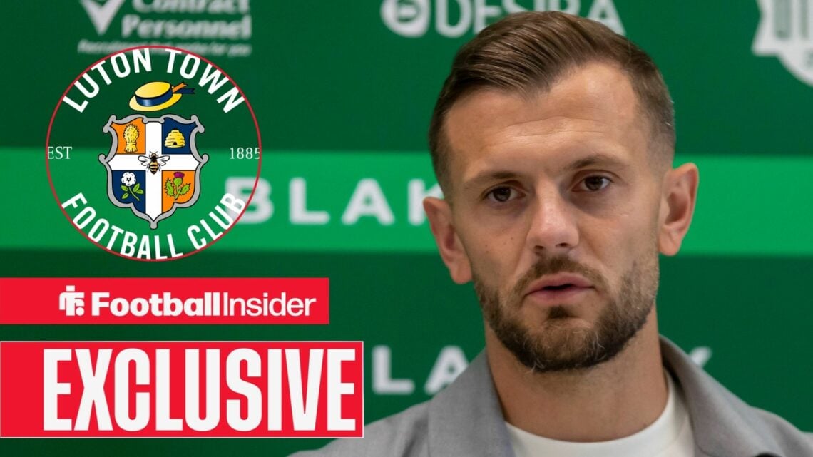 Luton Town's logo on the left with Jack Wilshere talking on the right