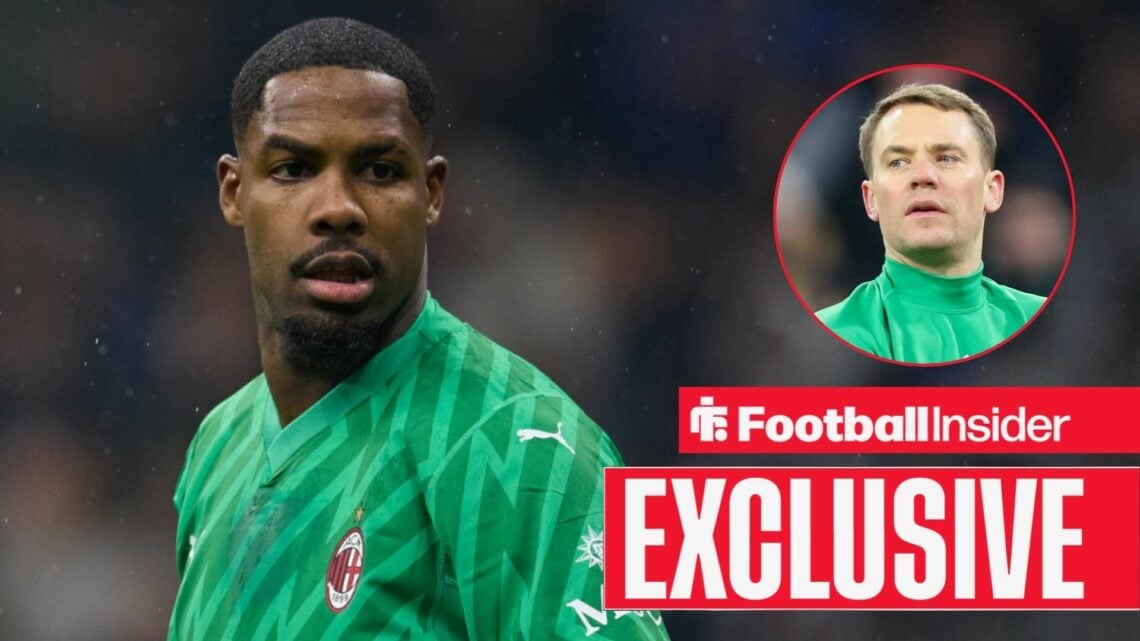 Mike Maignan next to a circular inset of Manuel Neuer