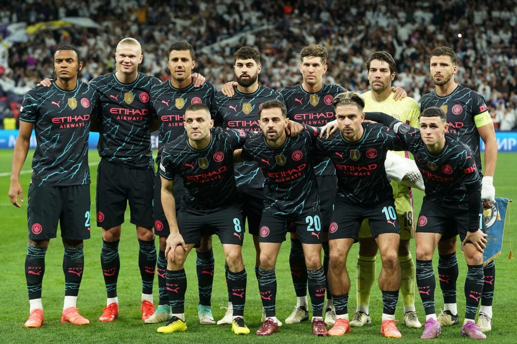 Rodri and his Manchester City teammates line up before a Champions League fixture
