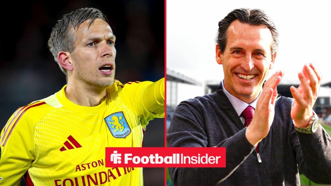 Aston Villa keeper Marco Bizot points at manager Unai Emery