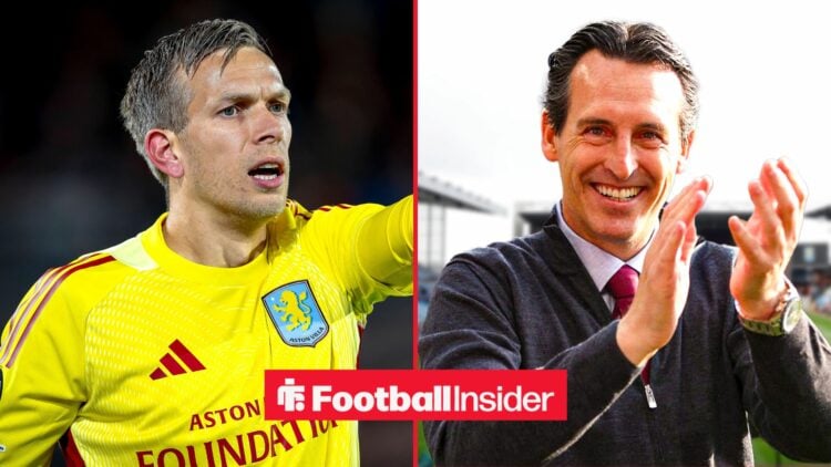 Aston Villa keeper Marco Bizot points at manager Unai Emery