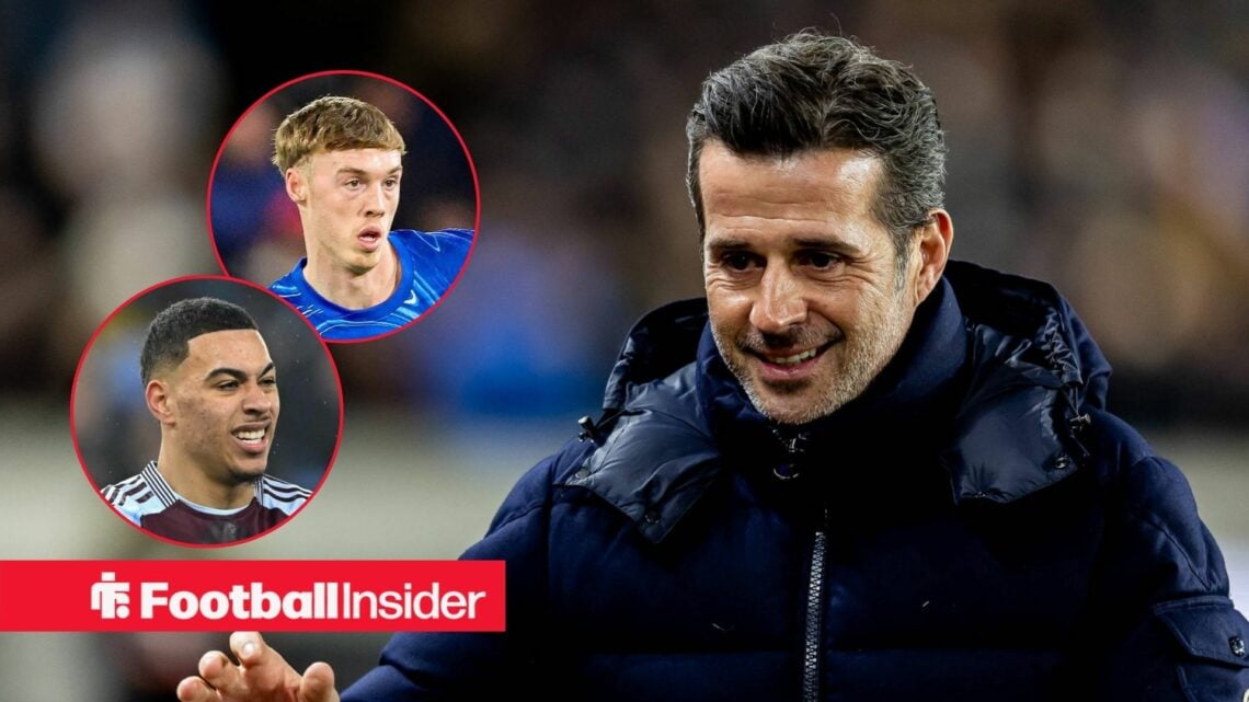 Fulham boss Marco Silva smiling at Chelsea's Cole Palmer and Aston Villa's Morgan Rogers left insets
