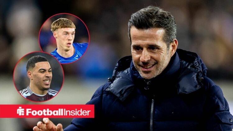 Fulham boss Marco Silva smiling at Chelsea's Cole Palmer and Aston Villa's Morgan Rogers left insets
