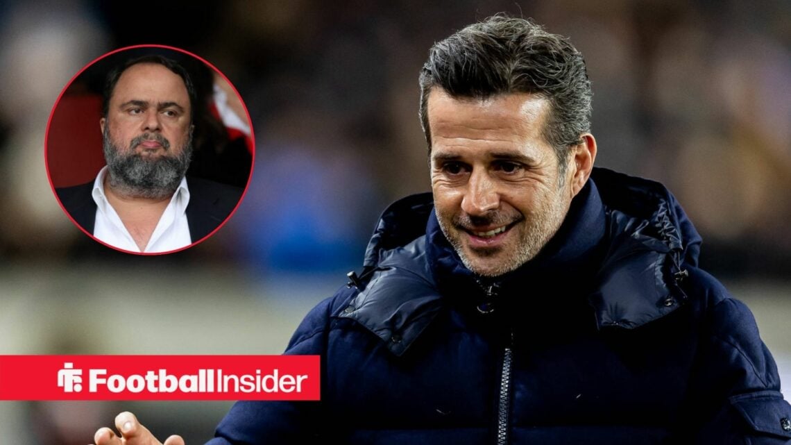 Marco Silva on the touchline with Fulham, with Evanglos Marinakis in a circular inset