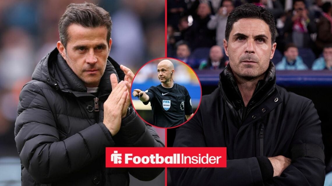 Marco Silva and Mikel Arteta side-by-side, Anthony Taylor in a circular inset