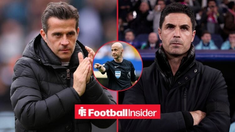 Marco Silva and Mikel Arteta side-by-side, Anthony Taylor in a circular inset