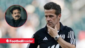 Marco Silva on the sidelines with Fulham, with Shahid Khan in a circular inset