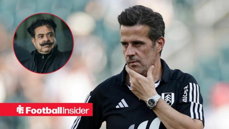 Marco Silva on the sidelines with Fulham, with Shahid Khan in a circular inset