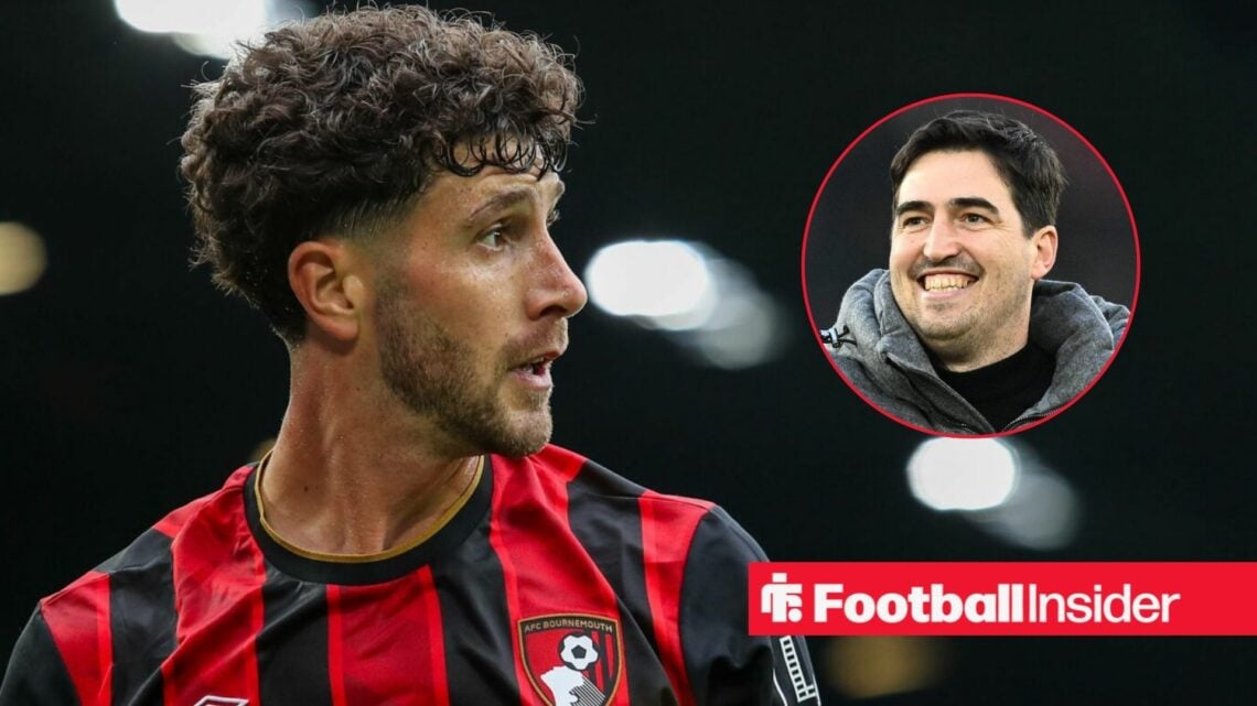 Bournemouth's Marcos Senesi in action with manager Andoni Iraola smiling right inset