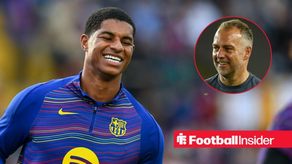 Marcus Rashford smiling in the warm-up at Barcelona, with Hansi Flick in a circular inset