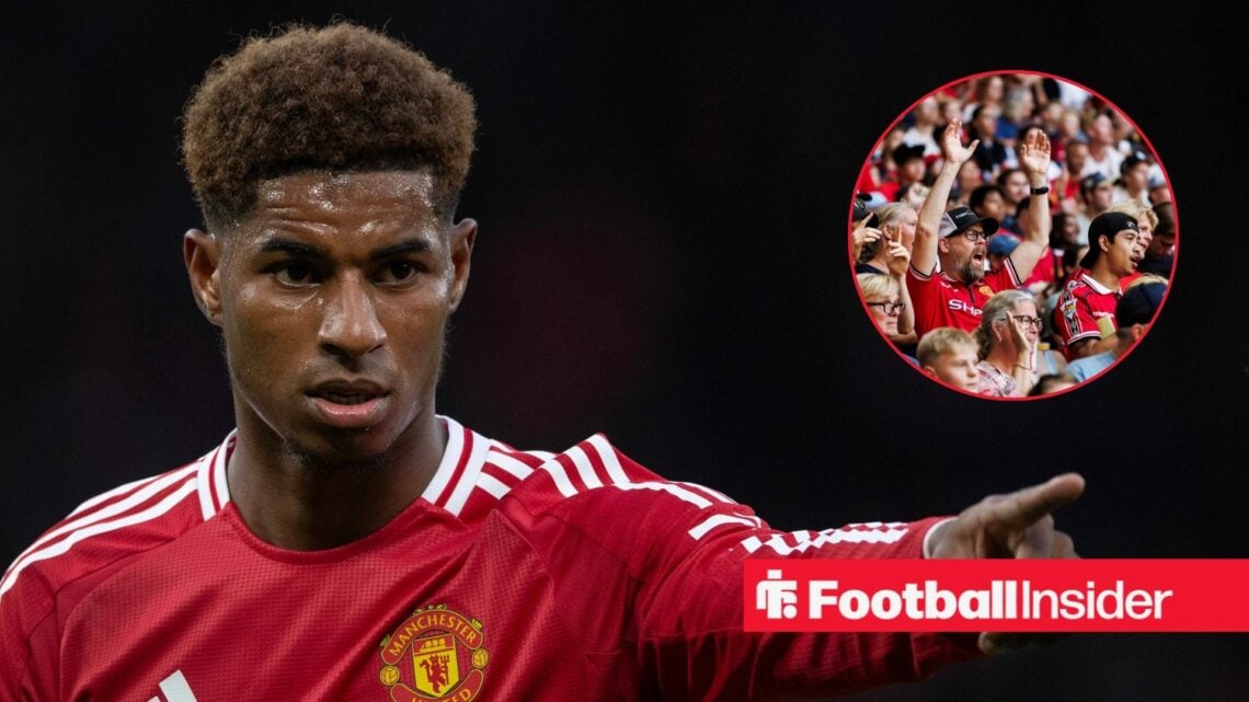 Marcus Rashford pointing and Man United fans in inset