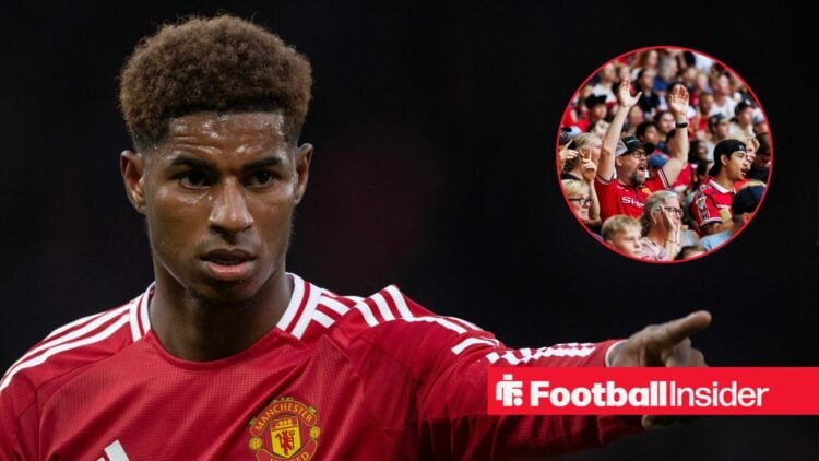 Marcus Rashford pointing and Man United fans in inset