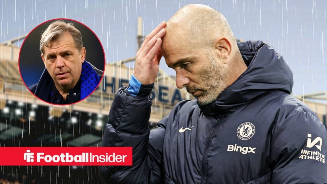 Enzo Maresca next to a circular inset of Todd Boehly