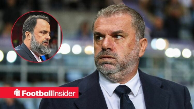 Ange Postecoglou next to a circular inset of Evangelos Marinakis